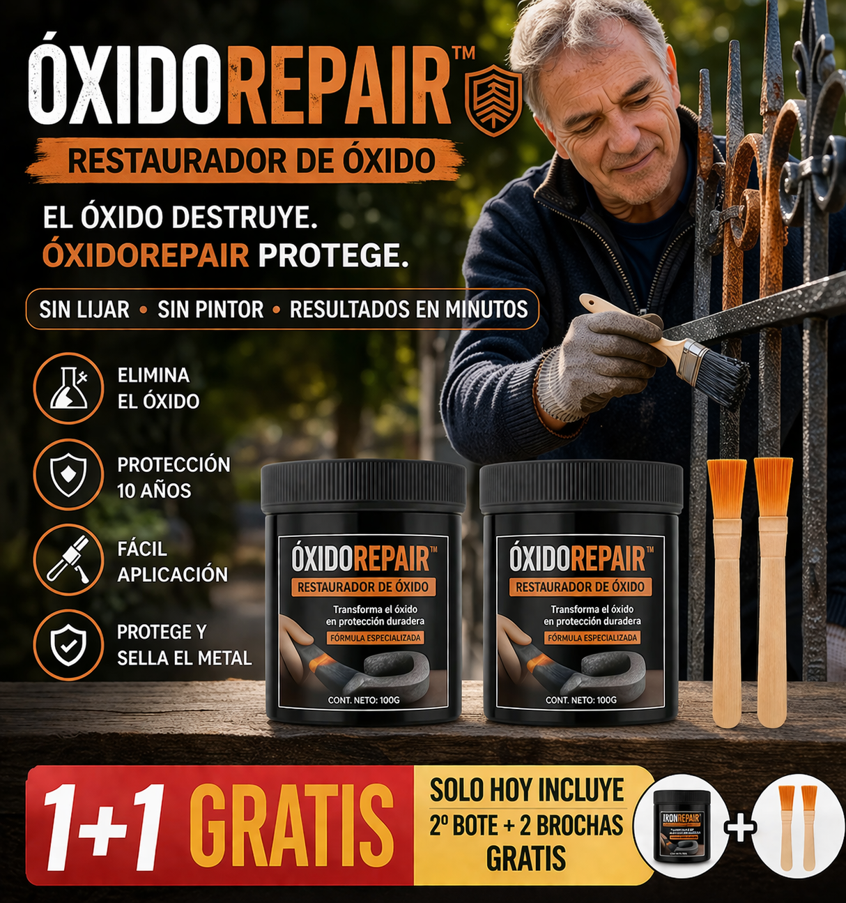 1+1 GRATIS | ÓXIDOREPAIR™  Elimina el Óxido y deja tus rejas como nuevas, sin lijar ni llamar a un pintor. (Solo hoy incluye otro bote y 2 Brochas GRATIS)