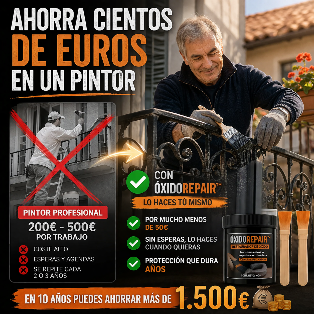 1+1 GRATIS | ÓXIDOREPAIR™  Elimina el Óxido y deja tus rejas como nuevas, sin lijar ni llamar a un pintor. (Solo hoy incluye otro bote y 2 Brochas GRATIS)
