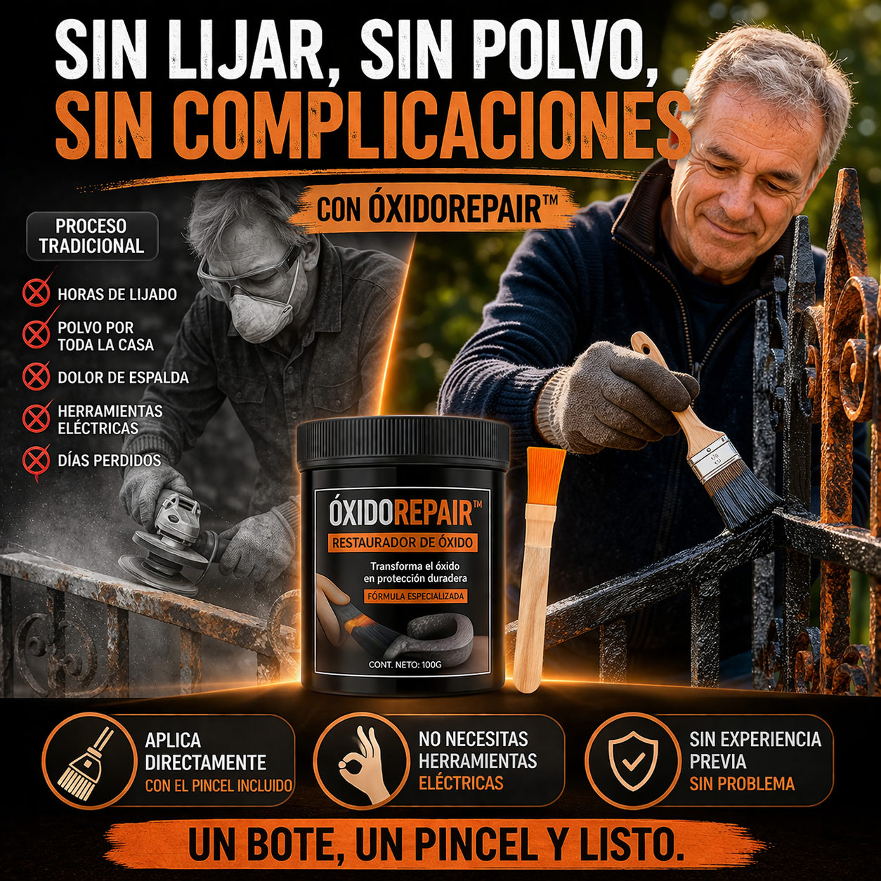 1+1 GRATIS | ÓXIDOREPAIR™  Elimina el Óxido y deja tus rejas como nuevas, sin lijar ni llamar a un pintor. (Solo hoy incluye otro bote y 2 Brochas GRATIS)