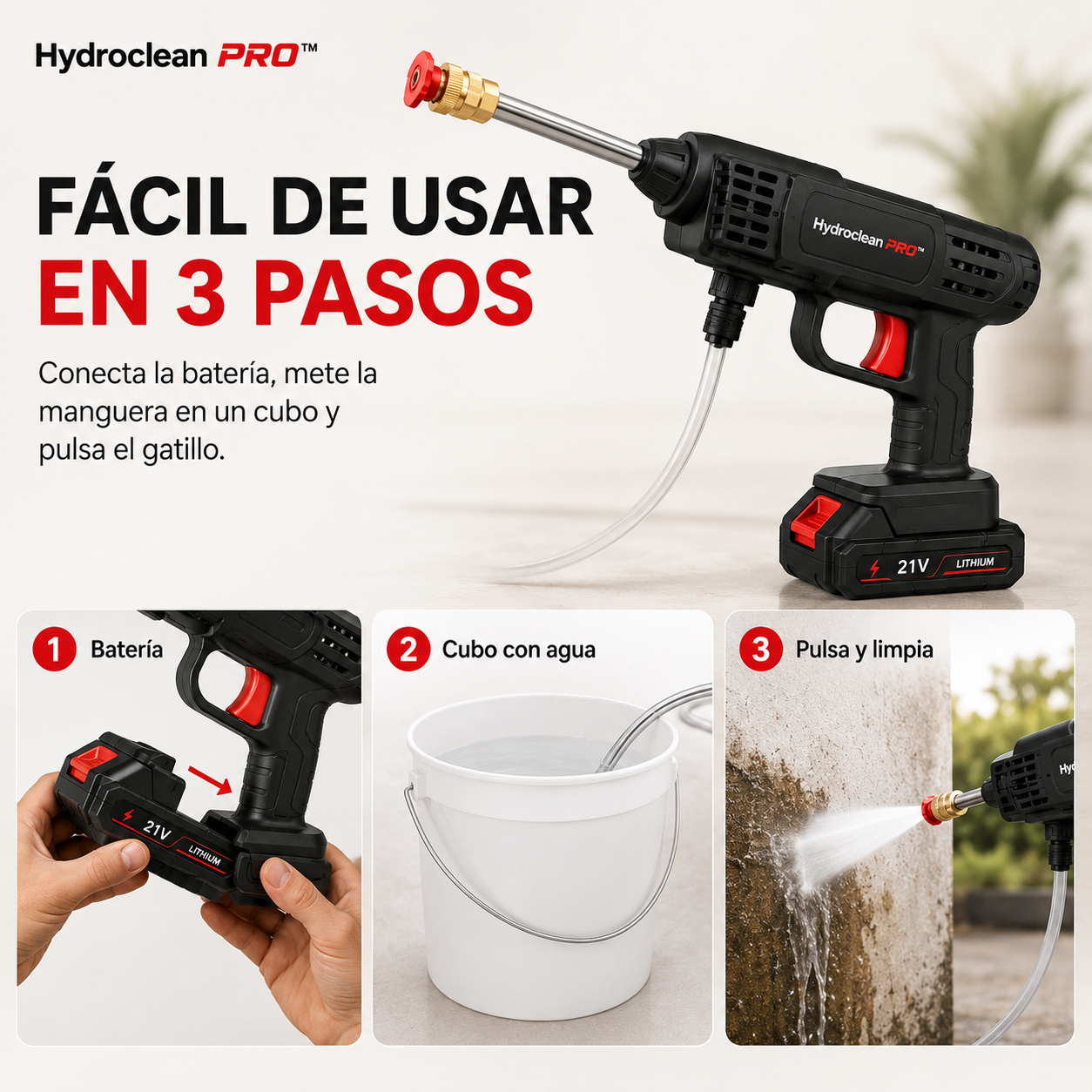 Hydroclean PRO™ - La única pistola de alta presión portátil con maletín profesional que limpia coche, terraza y jardín sin frotar y sin cansarte. (Solo hoy incluye 2 baterías de litio GRATIS)