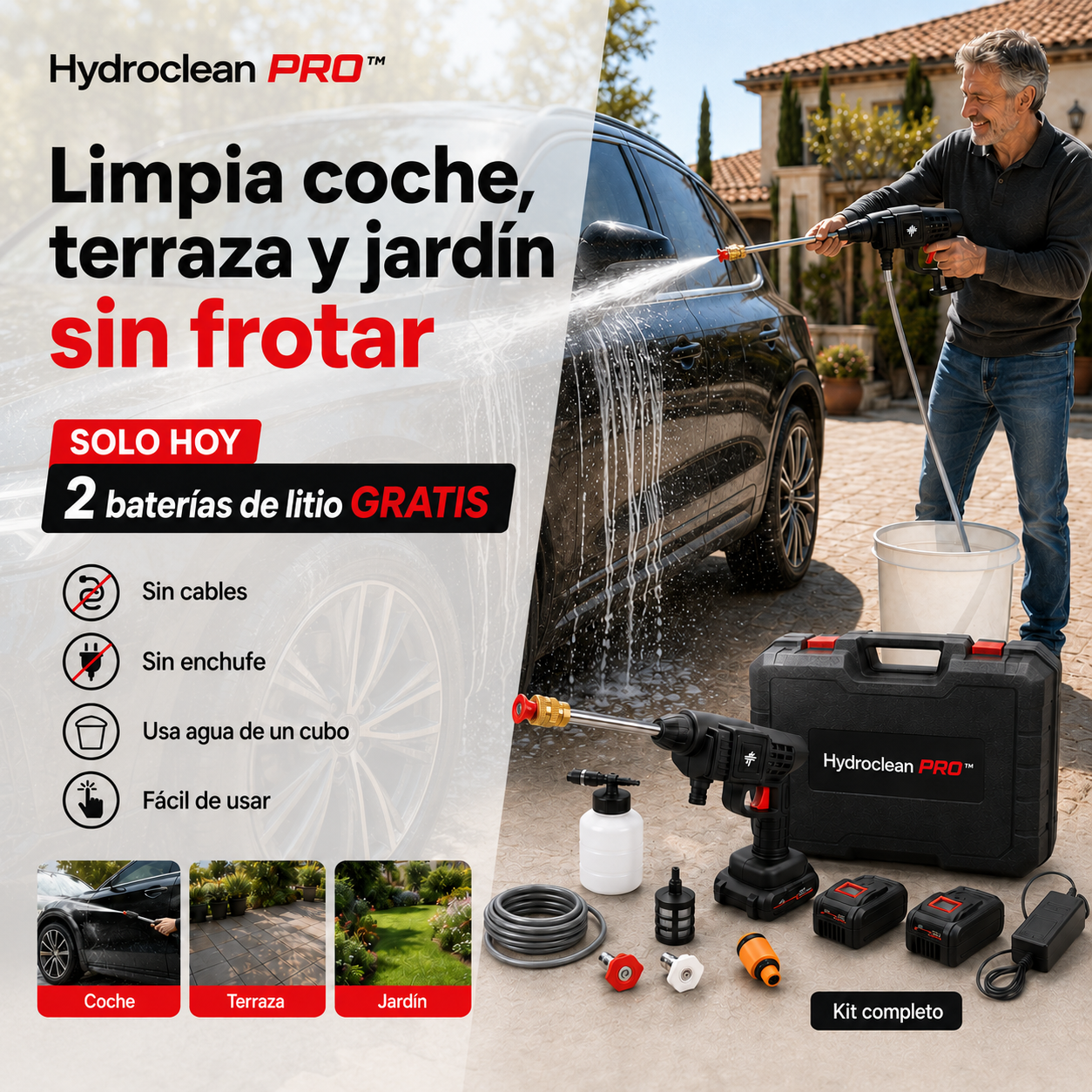 Hydroclean PRO™ - La única pistola de alta presión portátil con maletín profesional que limpia coche, terraza y jardín sin frotar y sin cansarte. (Solo hoy incluye 2 baterías de litio GRATIS)